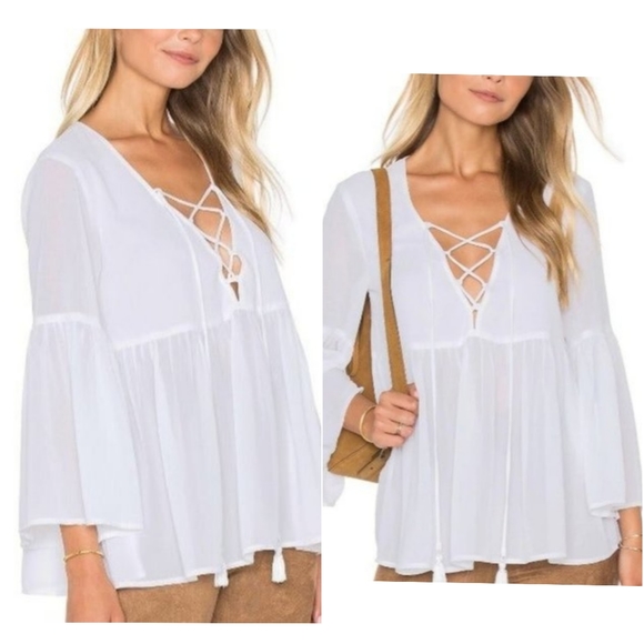 Show Me Your Mumu Poet Tie Top in White Boho Peasant Oversized Lace Up Blouse XS - Picture 1 of 12